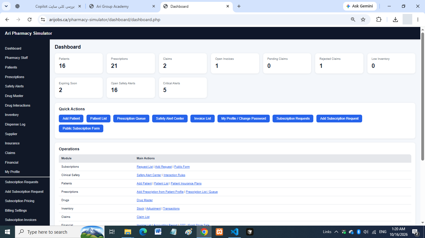 Ari Pharmacy Simulator dashboard with workflow summaries, quick actions, and practice modules