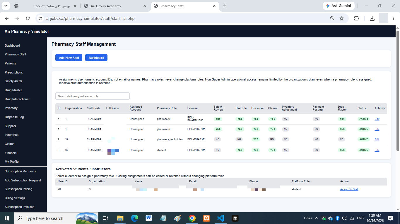 Ari Pharmacy Simulator staff-management screen showing role-based workflow settings