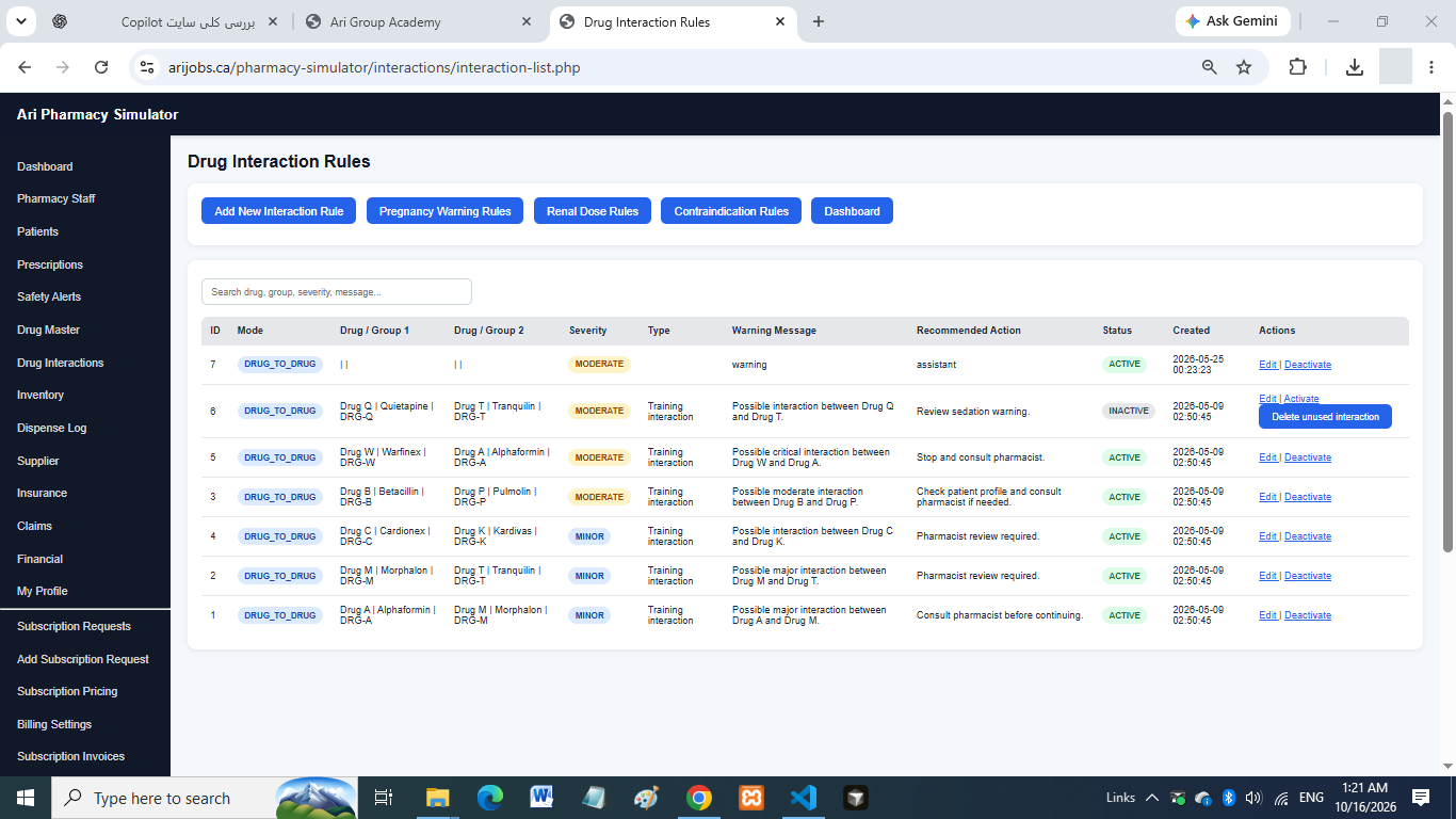Ari Pharmacy Simulator drug-interaction rules screen with training alerts and recommended actions