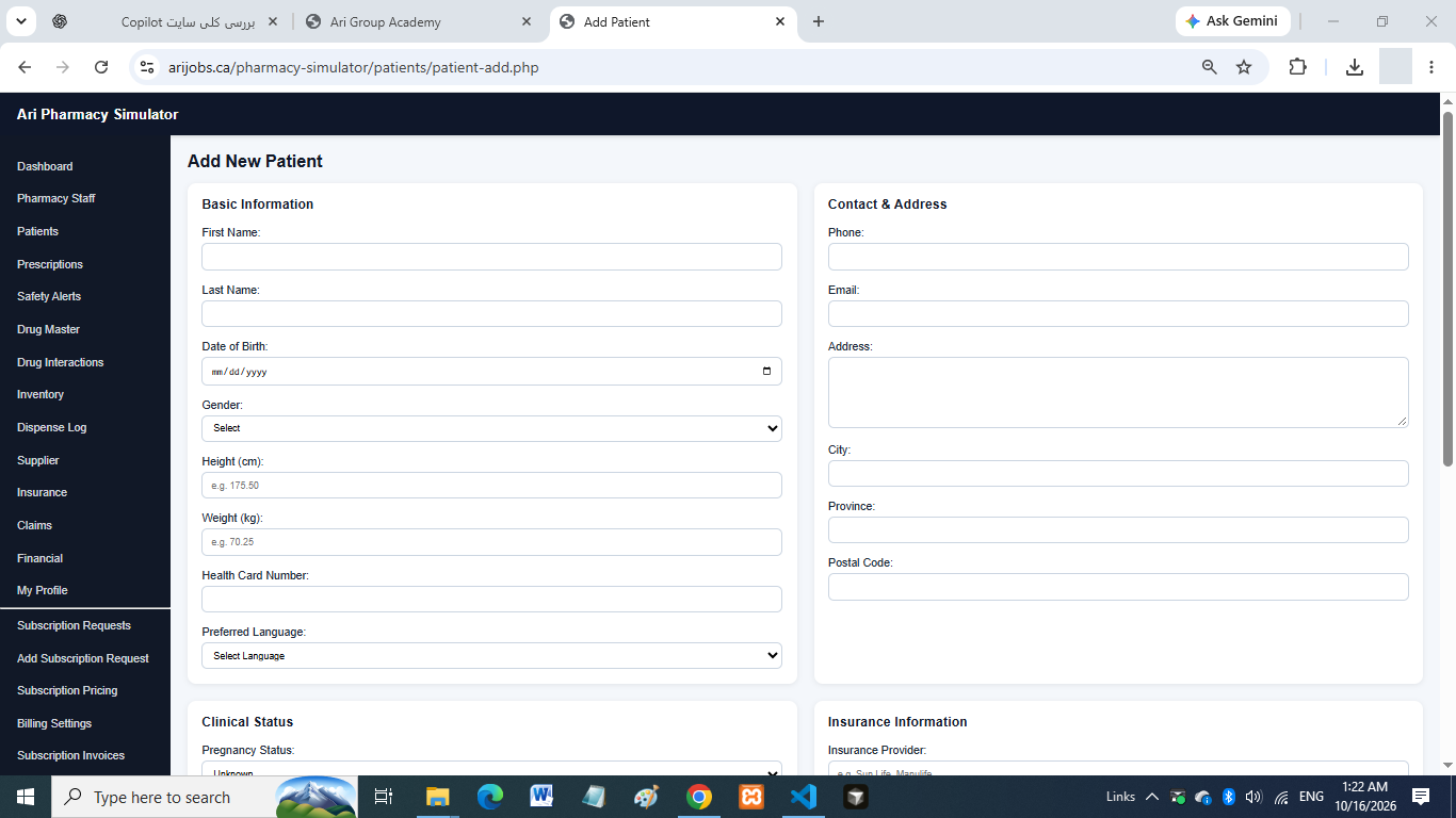 Ari Pharmacy Simulator patient-profile form with blank information and contact fields